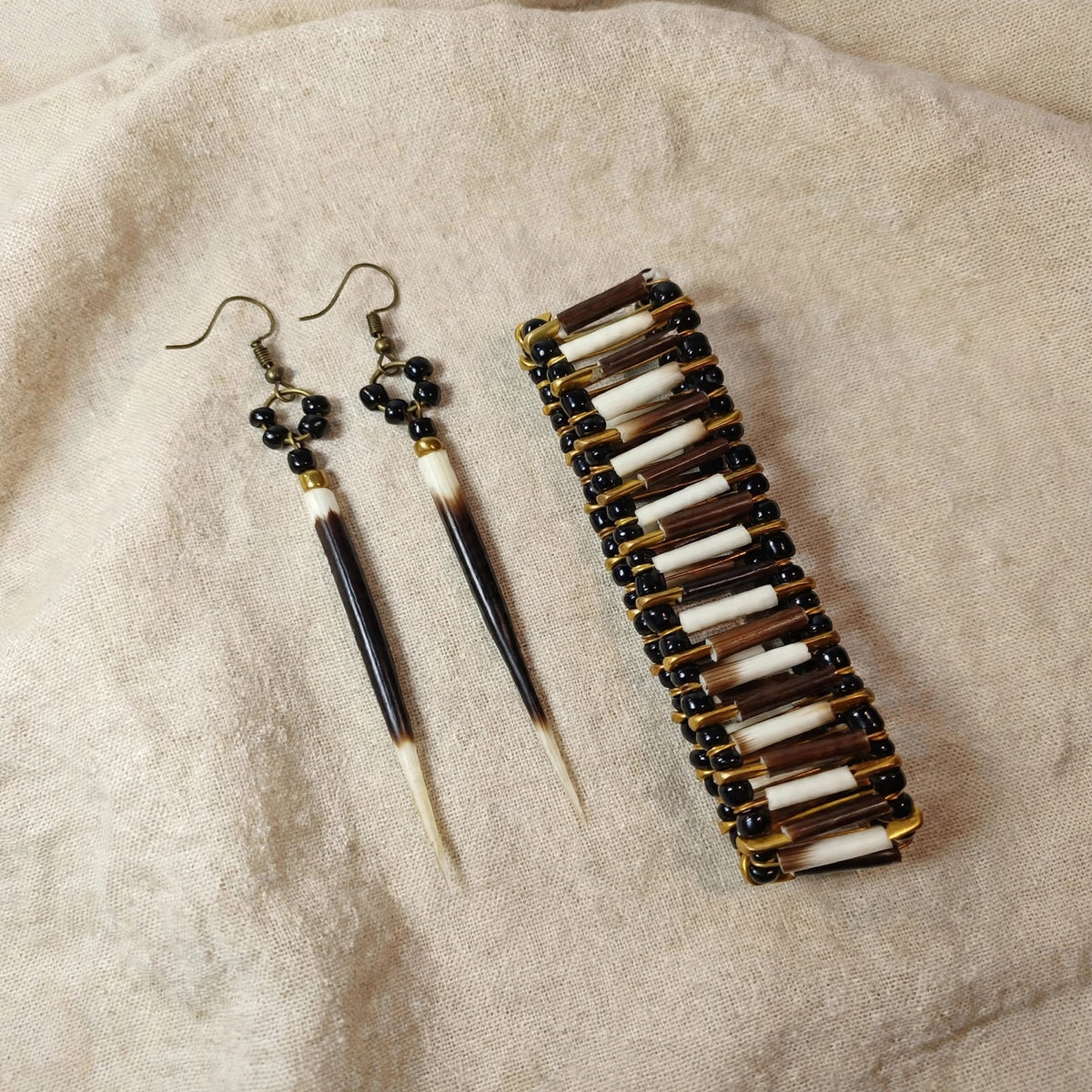 EARRINGS - Porcupine Quill - Black and White tips, black and gold beads