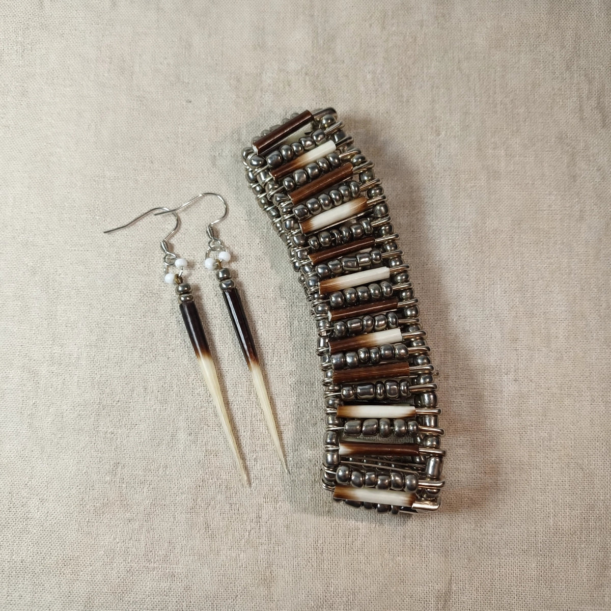 EARRINGS - Porcupine Quill - Black and White tips, black and chrome beads