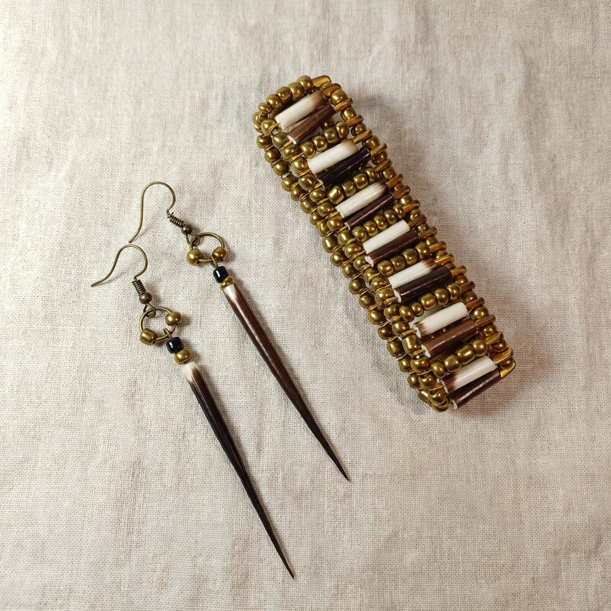 EARRINGS - Porcupine Quill - Black tips, gold and black beads