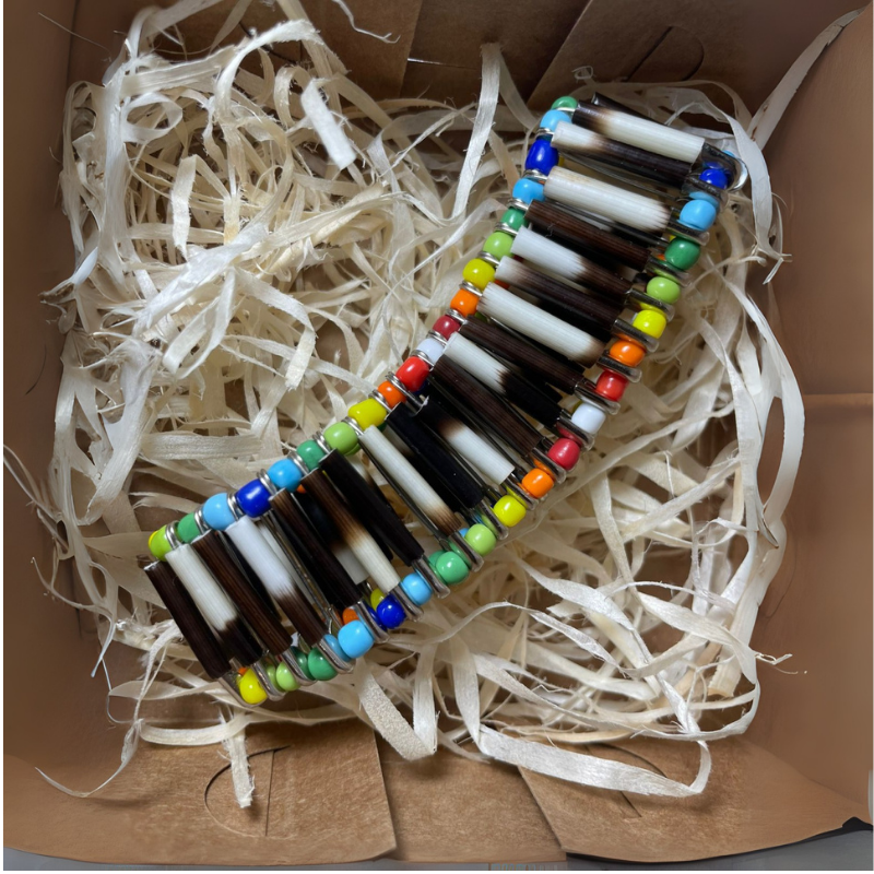BRACELET - Porcupine Quill - Silver with Rainbow Beads
