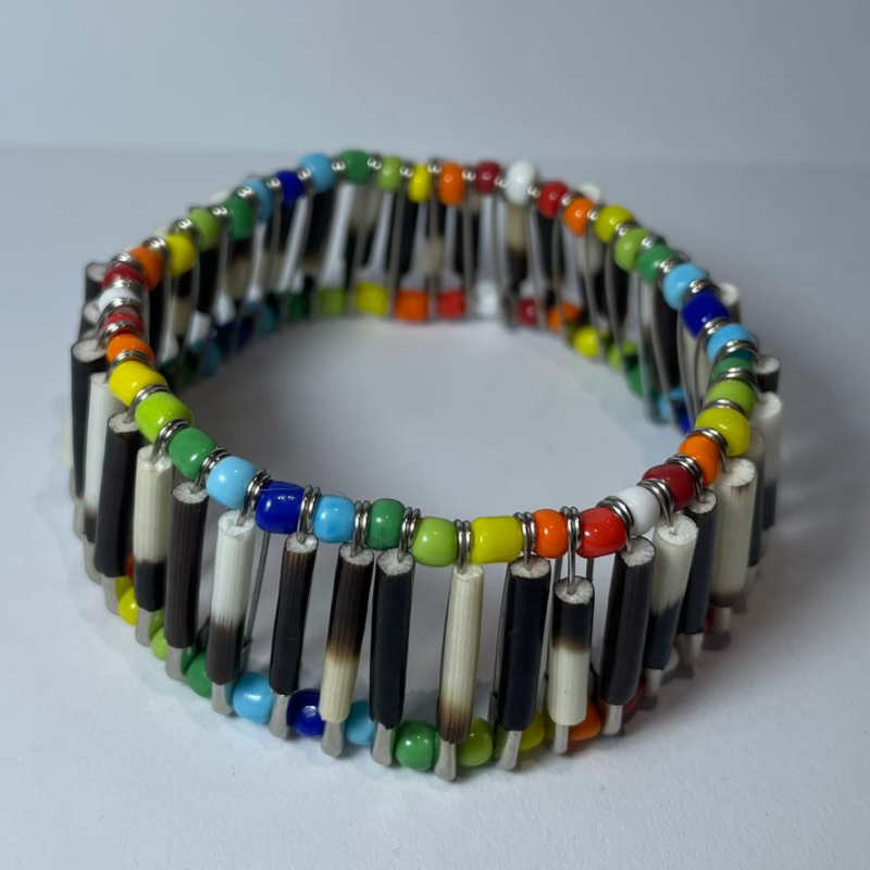 BRACELET - Porcupine Quill - Silver with Rainbow Beads