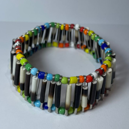 BRACELET - Porcupine Quill - Silver with Rainbow Beads