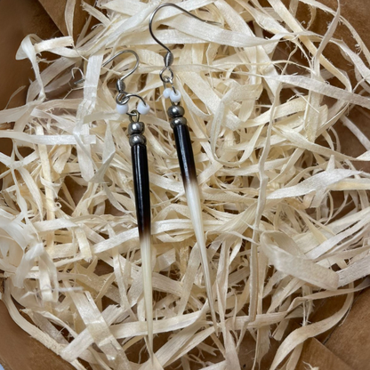 EARRINGS - Porcupine Quill - Black and White tips, black and chrome beads