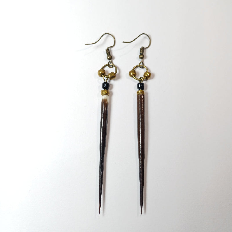 EARRINGS - Porcupine Quill - Black tips, gold and black beads