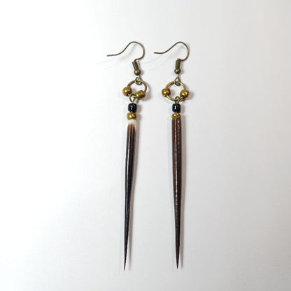 EARRINGS - Porcupine Quill - Black tips, gold and black beads