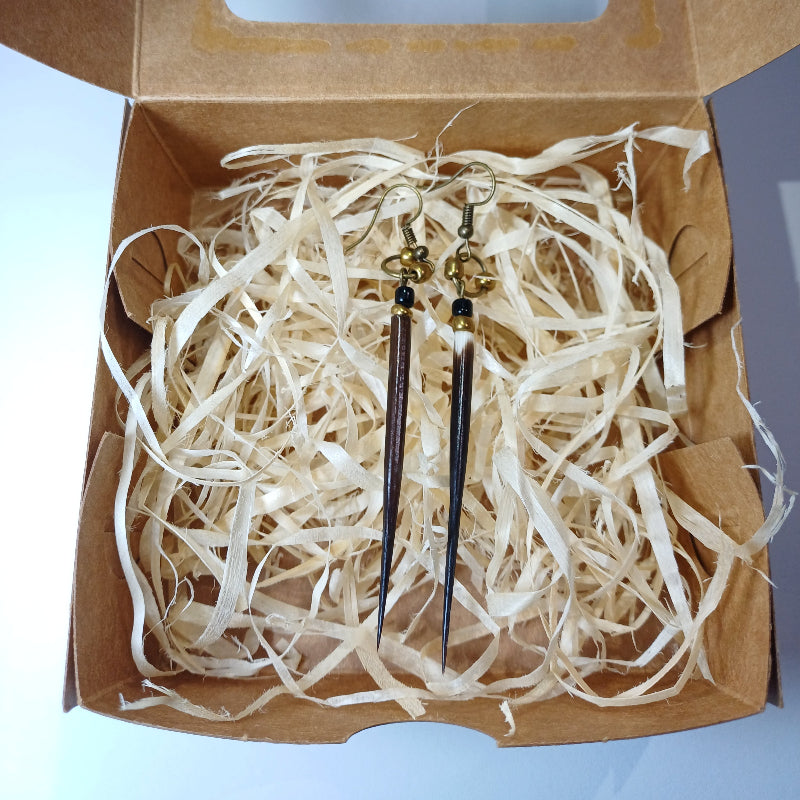 EARRINGS - Porcupine Quill - Black tips, gold and black beads