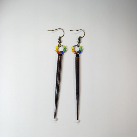 EARRINGS - Porcupine Quill - Black tips, rainbow beads