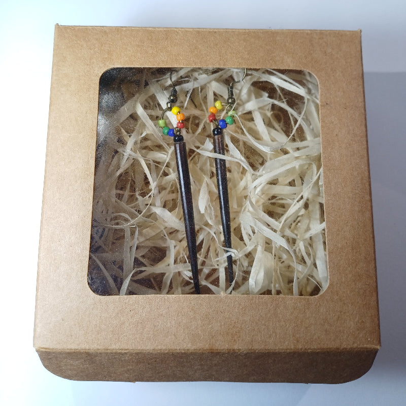 EARRINGS - Porcupine Quill - Black tips, rainbow beads