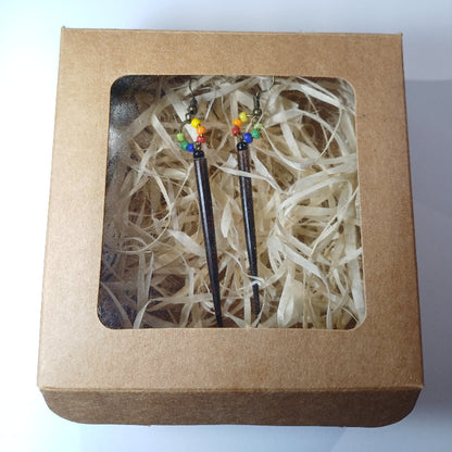 EARRINGS - Porcupine Quill - Black tips, rainbow beads