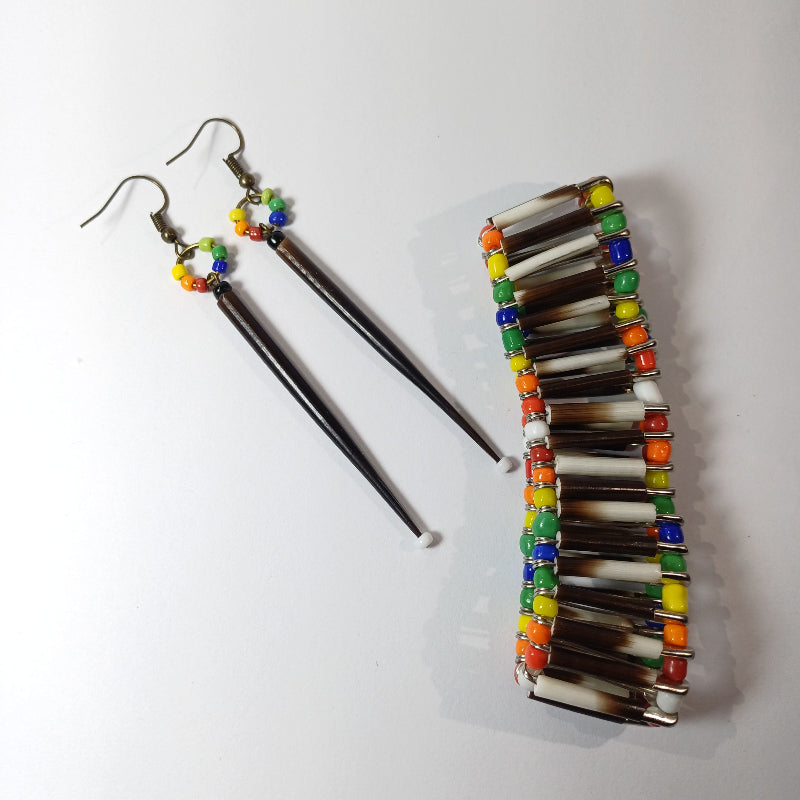 EARRINGS - Porcupine Quill - Black tips, rainbow beads