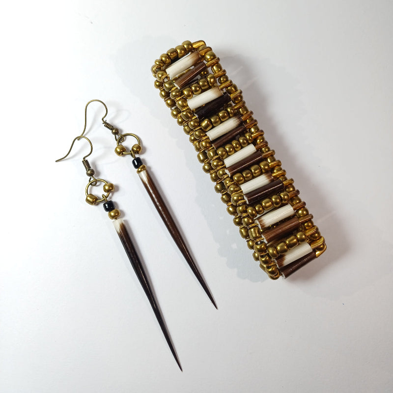 EARRINGS - Porcupine Quill - Black tips, gold and black beads