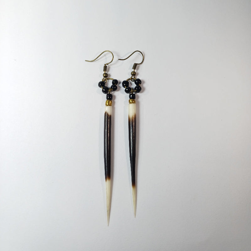 EARRINGS - Porcupine Quill - Black and White tips, black and gold beads