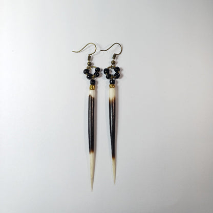 EARRINGS - Porcupine Quill - Black and White tips, black and gold beads