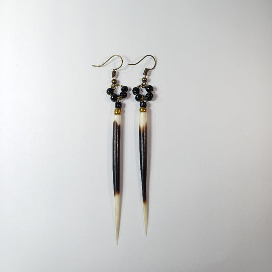EARRINGS - Porcupine Quill - Black and White tips, black and gold beads