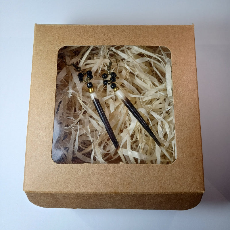 EARRINGS - Porcupine Quill - Black and White tips, black and gold beads