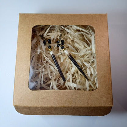 EARRINGS - Porcupine Quill - Black and White tips, black and gold beads