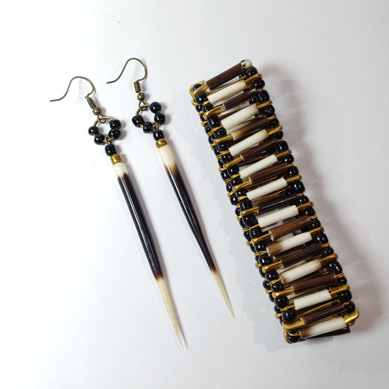 EARRINGS - Porcupine Quill - Black and White tips, black and gold beads