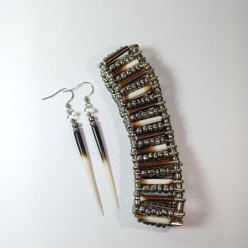 EARRINGS - Porcupine Quill - Black and White tips, black and chrome beads