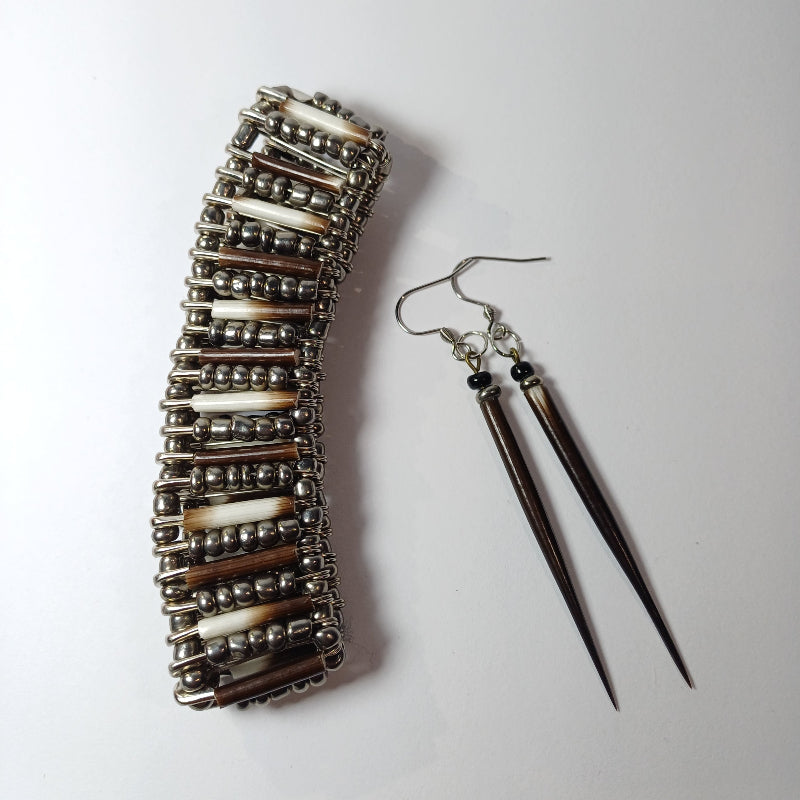 EARRINGS - Porcupine Quill - Black tips, chrome and black beads
