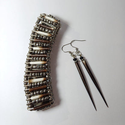EARRINGS - Porcupine Quill - Black tips, chrome and black beads