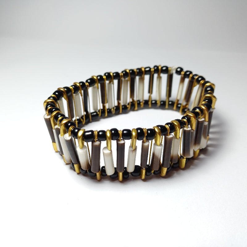 BRACELET - Porcupine Quill - Old Gold with Black Beads