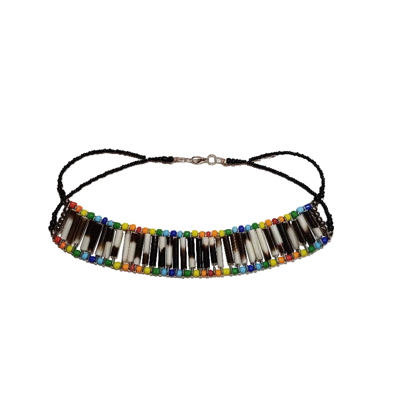 Handcrafted porcupine quill necklace with rainbow and black beads - front view