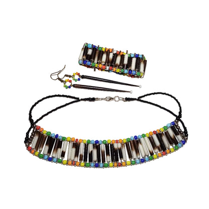 Colorful porcupine quill necklace with rainbow beads - side angle