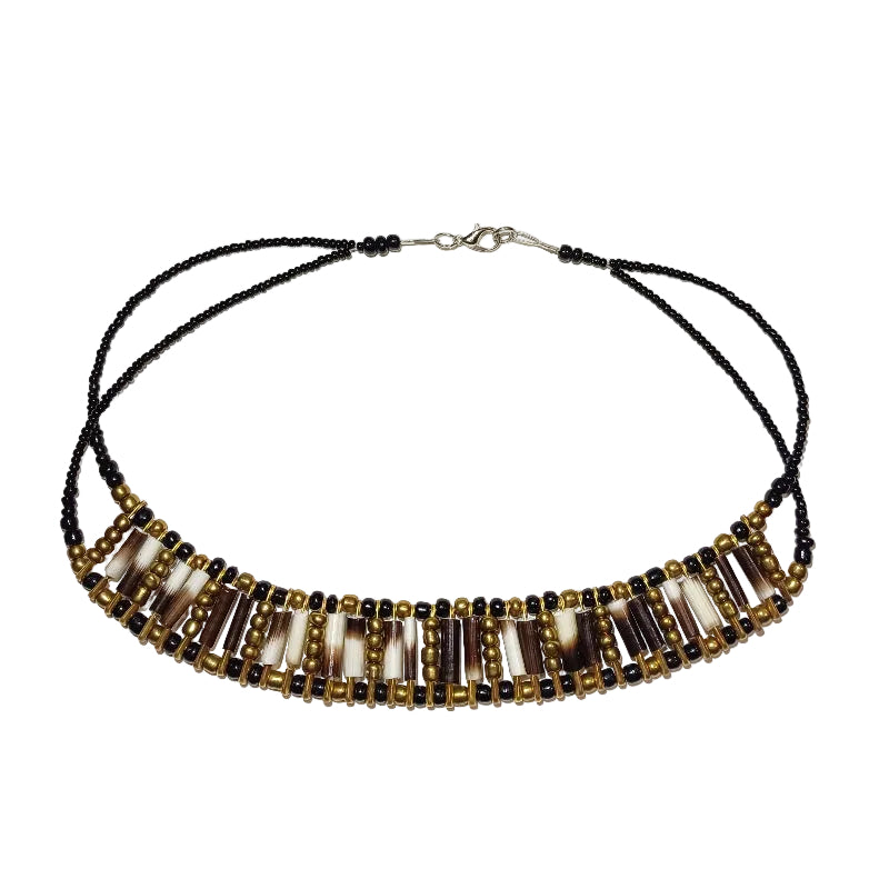 Handcrafted porcupine quill necklace with old gold and black beads - front view