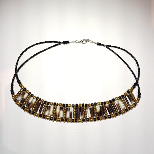 Handcrafted porcupine quill necklace with old gold and black beads - front view