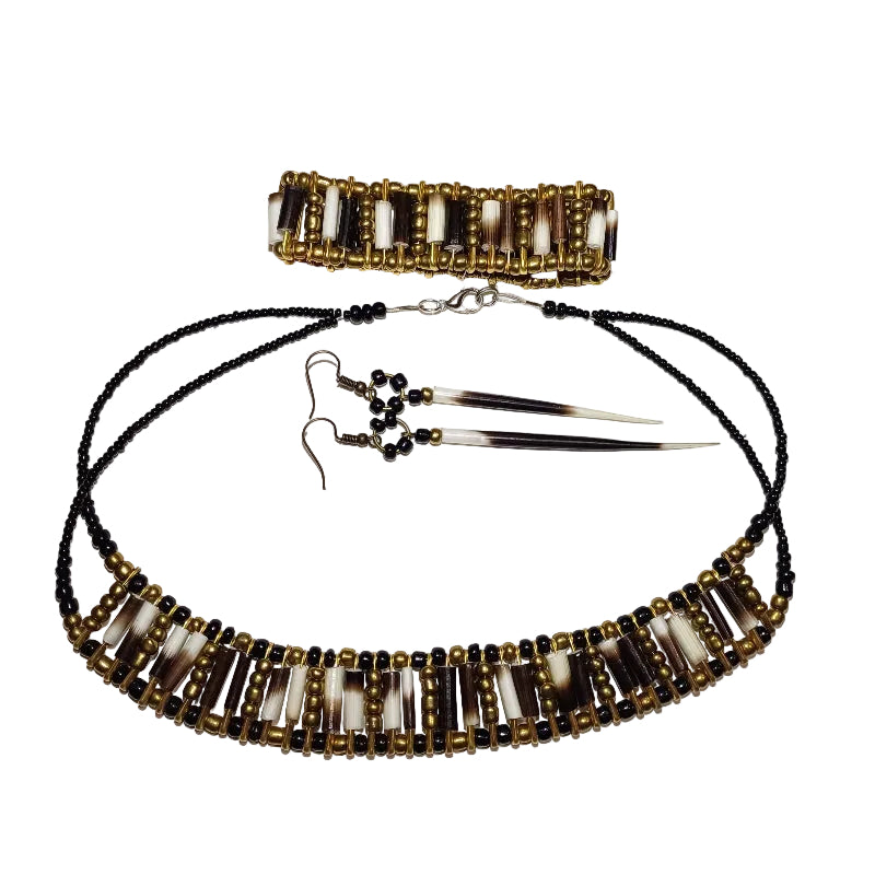 Vintage-style porcupine quill necklace with old gold beads - side angle