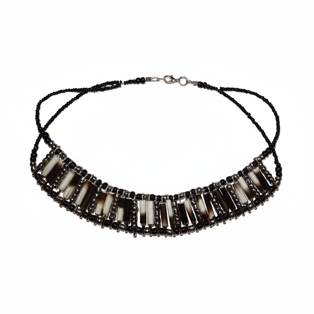 Elegant porcupine quill necklace with silver and black beads - front view