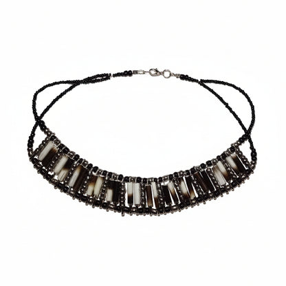 Elegant porcupine quill necklace with silver and black beads - front view