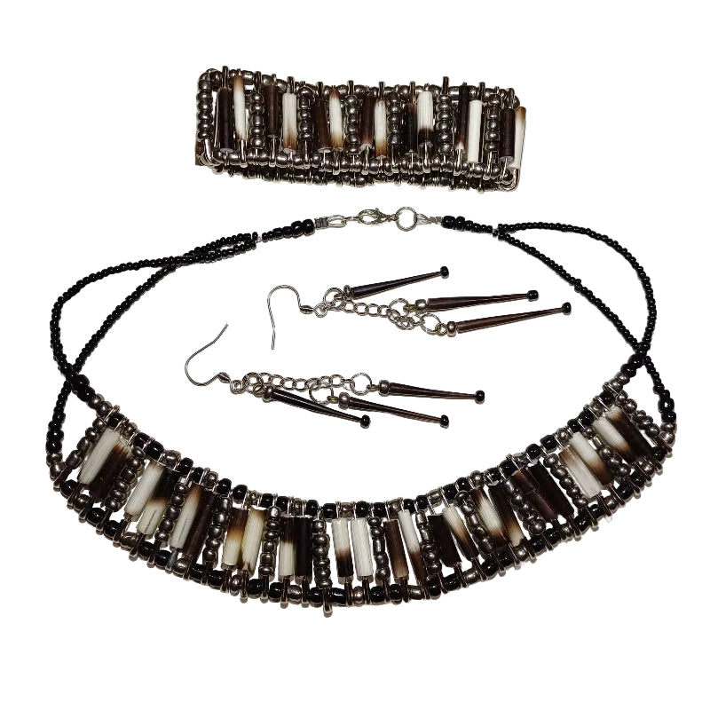 Sophisticated porcupine quill necklace with silver beads - side angle