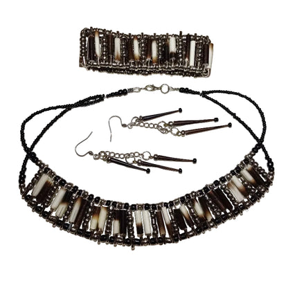 Sophisticated porcupine quill necklace with silver beads - side angle
