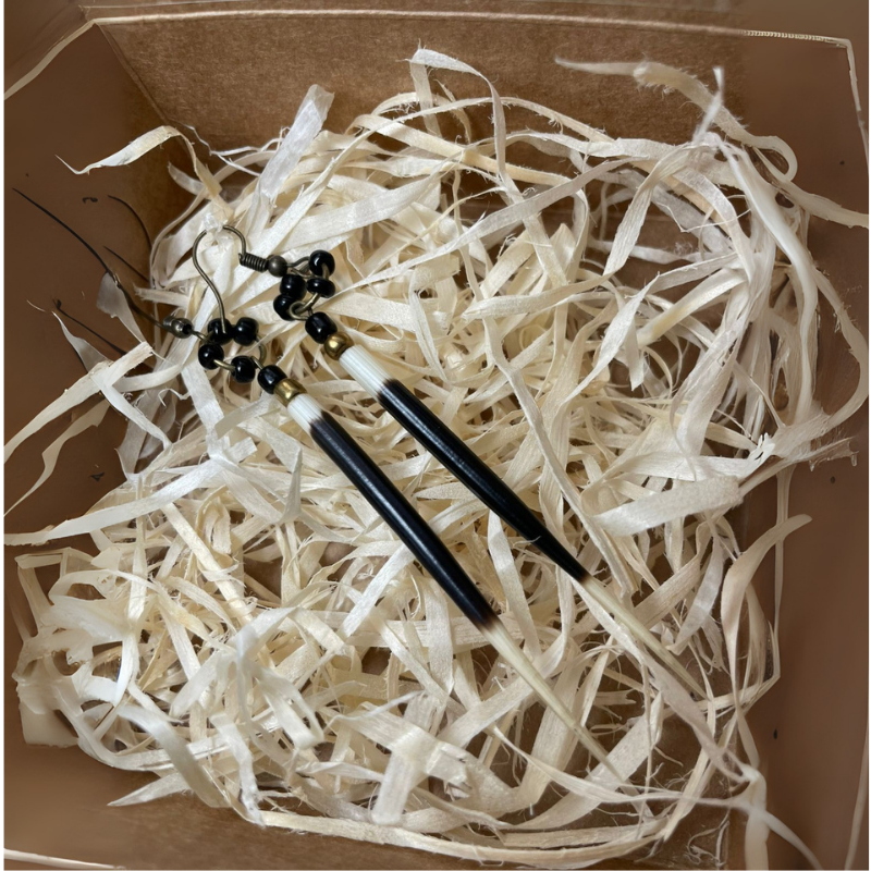 EARRINGS - Porcupine Quill - Black and White tips, black and gold beads