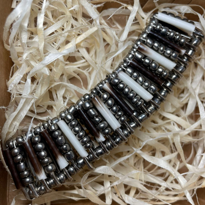 BRACELET - Porcupine Quill - Chrome Beads with Chrome bead inlay