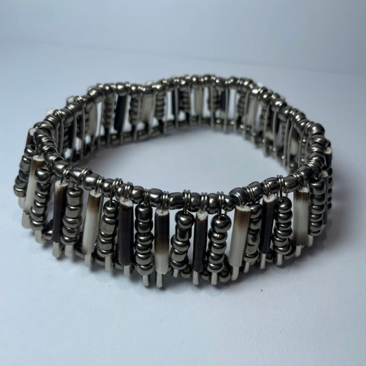 BRACELET - Porcupine Quill - Chrome Beads with Chrome bead inlay