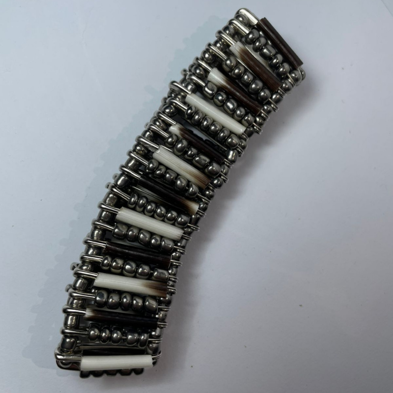 BRACELET - Porcupine Quill - Chrome Beads with Chrome bead inlay