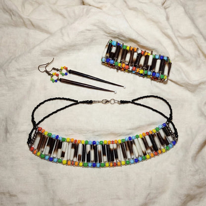 NECKLACE - Rainbow and black beads - Porcupine quill