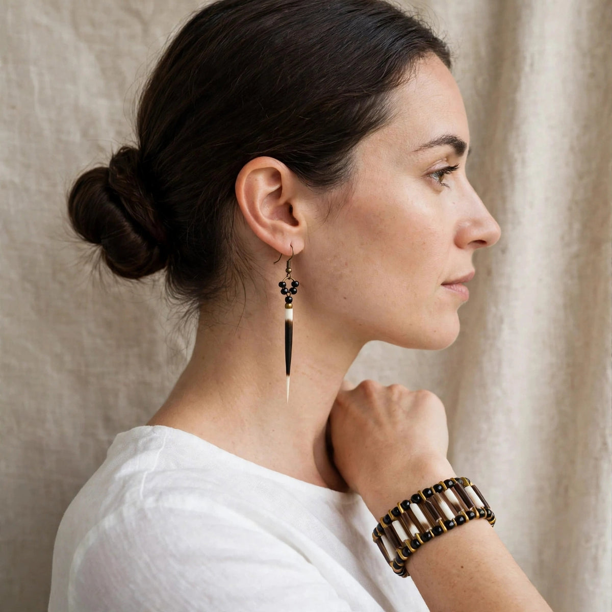 EARRINGS - Porcupine Quill - Black and White tips, black and gold beads