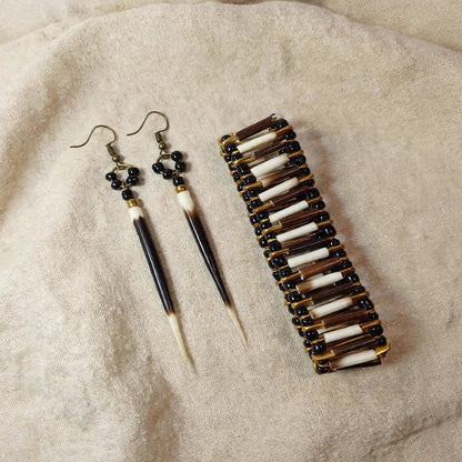 EARRINGS - Porcupine Quill - Black and White tips, black and gold beads
