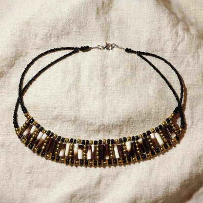 NECKLACE - Old gold and black beads - Porcupine quill