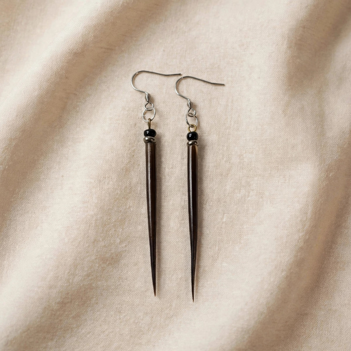 EARRINGS - Porcupine Quill - Black tips, chrome and black beads