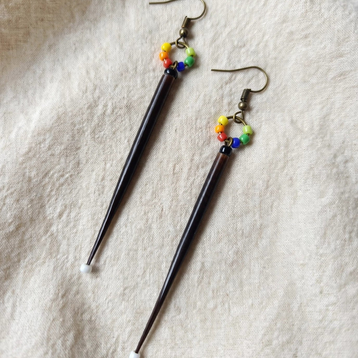 EARRINGS - Porcupine Quill - Black tips, rainbow beads