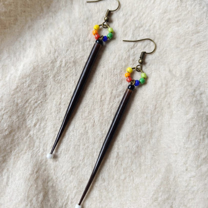 EARRINGS - Porcupine Quill - Black tips, rainbow beads