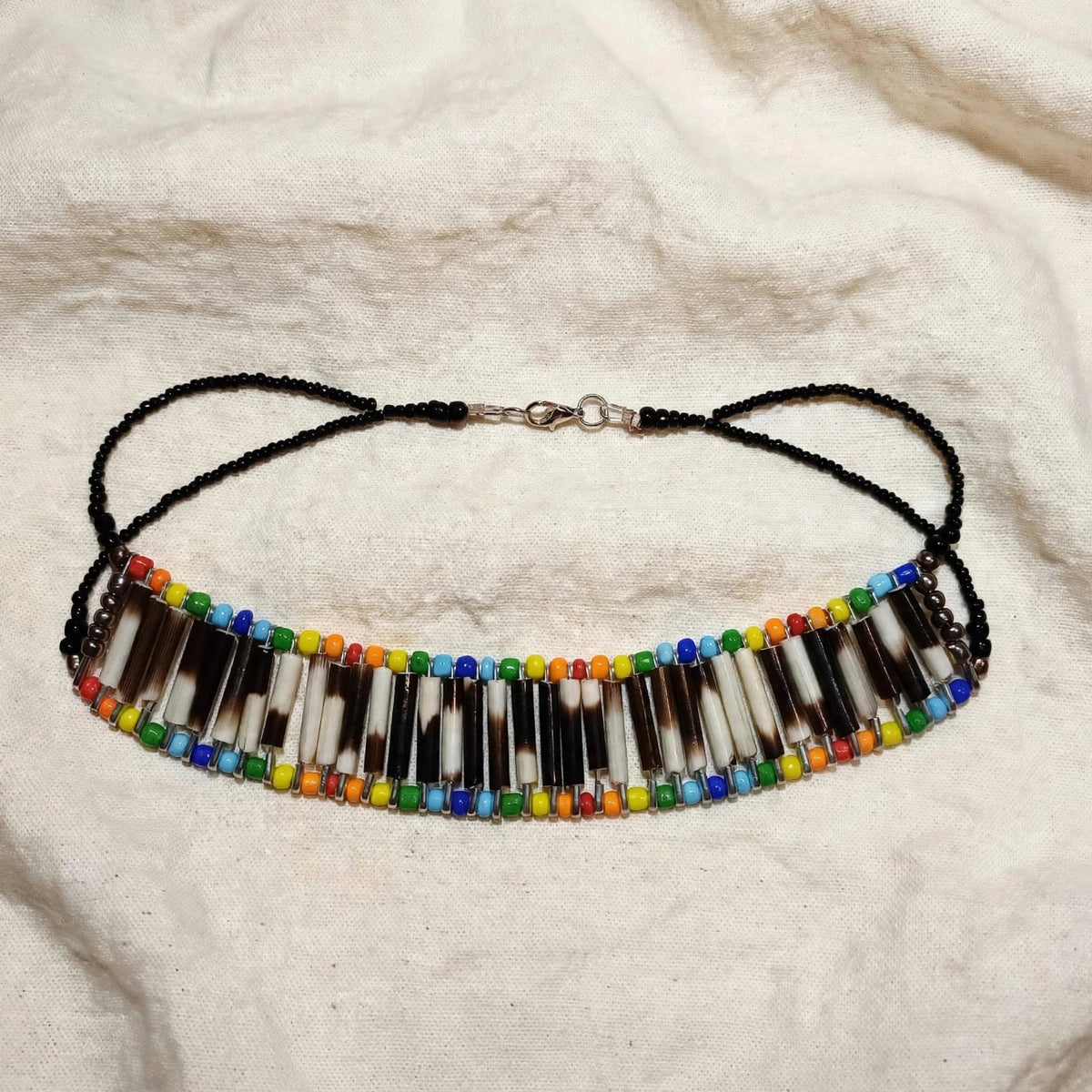 NECKLACE - Rainbow and black beads - Porcupine quill