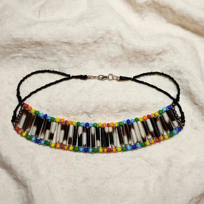 NECKLACE - Rainbow and black beads - Porcupine quill