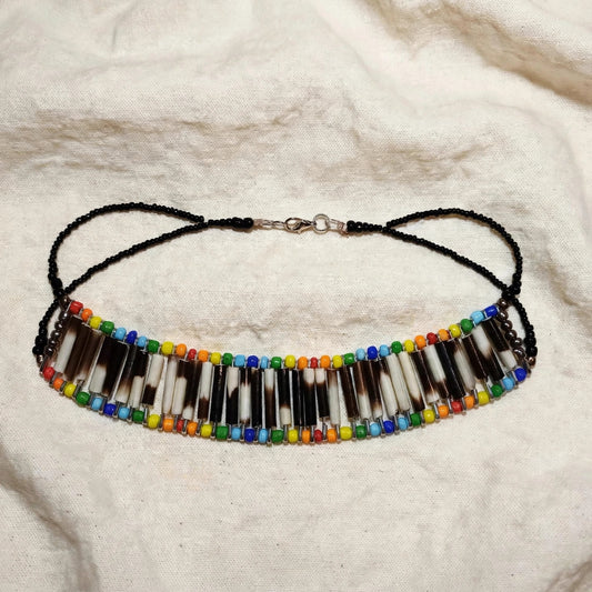 NECKLACE - Rainbow and black beads - Porcupine quill