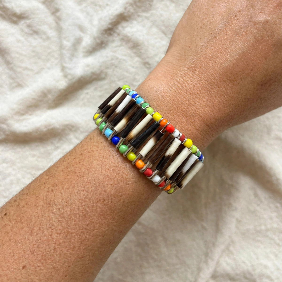 BRACELET - Porcupine Quill - Silver with Rainbow Beads