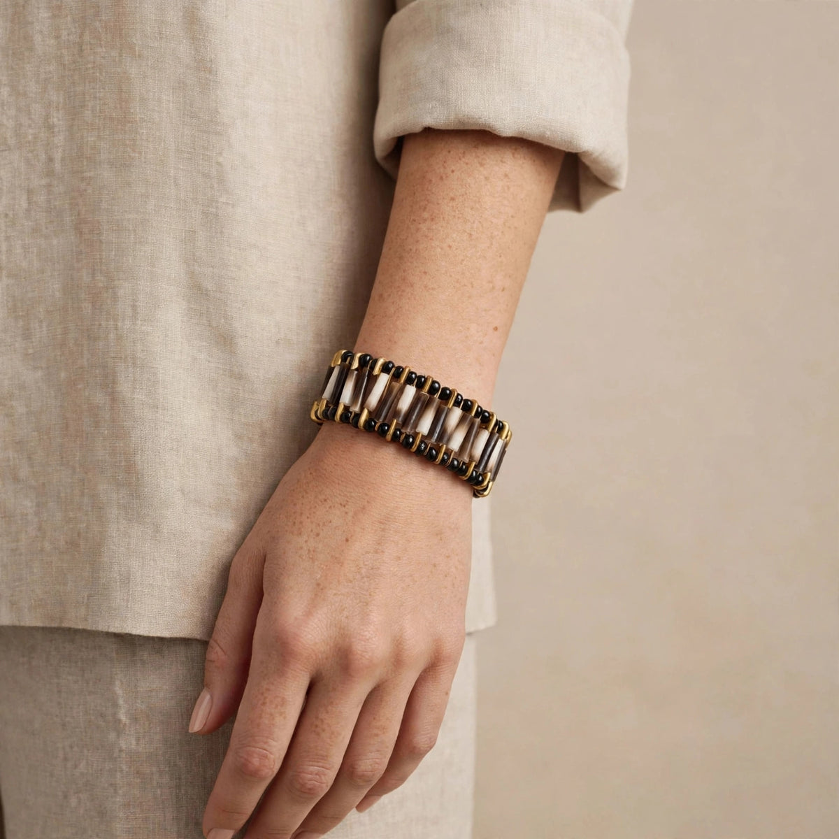 BRACELET - Porcupine Quill - Old Gold with Black Beads